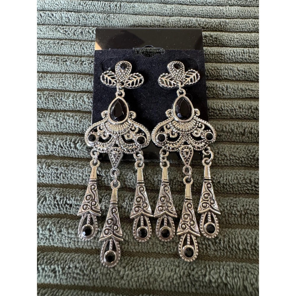 Silver Tone Dangle Earrings with Black‎ Accents, Statement Fashion Jewelry